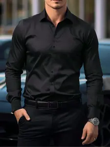 Men's Solid Color Button Front Long Sleeve Shirt, Regular Fit Casual Business Collared Top for Daily Office Work Wear, Men's Clothes for All Seasons