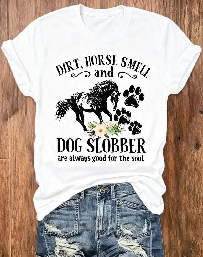 Dirt Horse Smell Dog Slobber Western Horse Paw Floral Retro Graphic T-Shirt, Womens Country Ranch Casual Tee, 100% Cotton Printed Craft SummerVibes Top, Relaxed Soft Breathable womens summer clothing