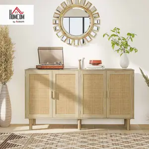HOMCOM Sideboard Buffet Cabinet, Boho Buffet Table, Rattan Coffee Bar Cabinet with 2/3/4 Doors and Shelves for Kitchen, Living Room, Entryway, Natural