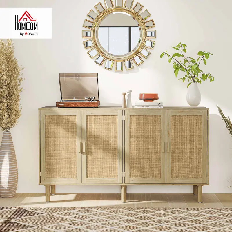 HOMCOM Sideboard Buffet Cabinet, Boho Buffet Table, Rattan Coffee Bar Cabinet with 2/3/4 Doors and Shelves for Kitchen, Living Room, Entryway, Natural