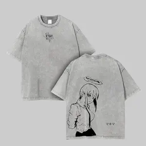 Menswear Top, Chainsaw Man Makima Character Sketch Print T-Shirt - Front Mini Hand With Eye, Back Halo, Vintage Washed, Unisex Oversized Men's Short-Sleeve T-Shirt Crewneck Streetwear Tshirt