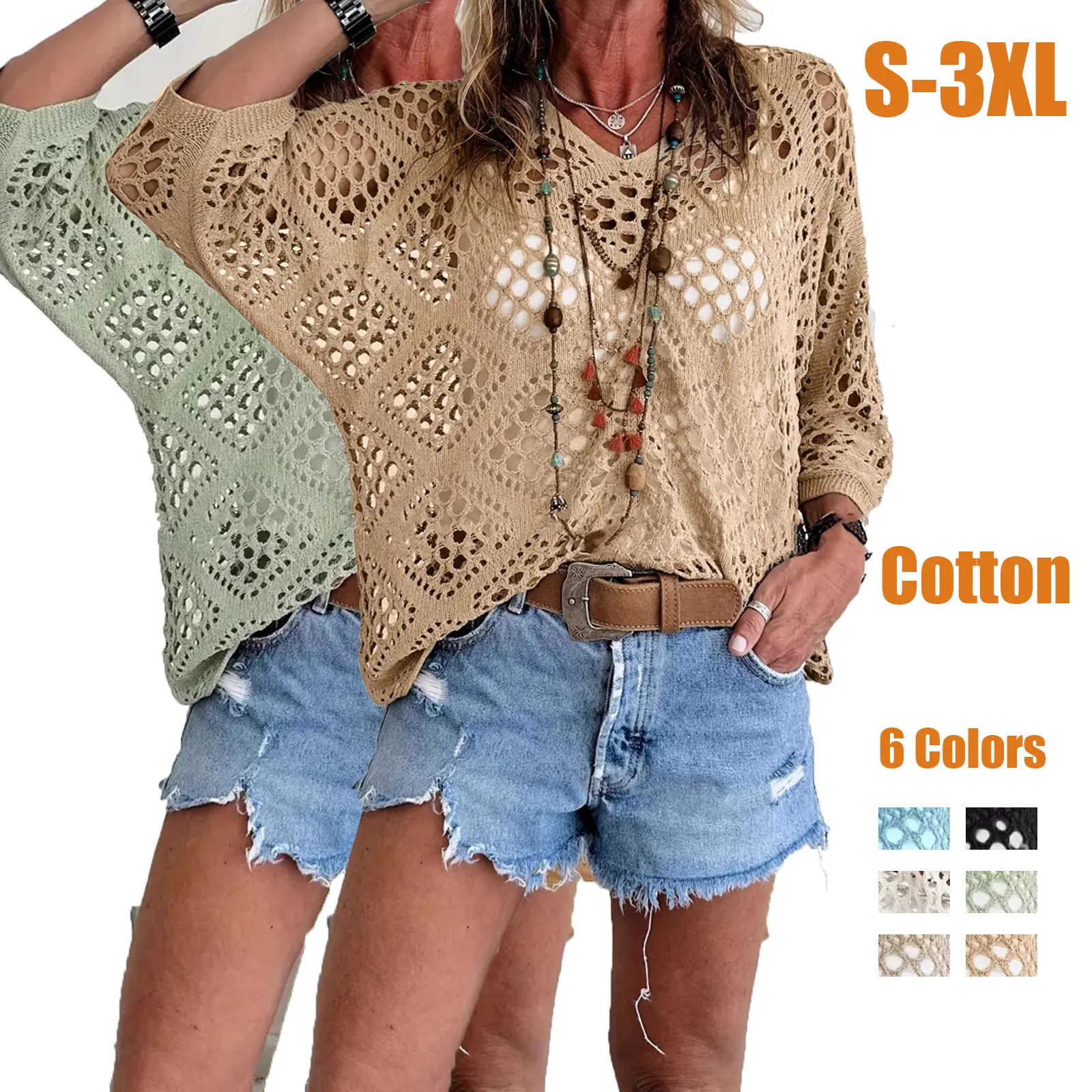 100%Cotton Boho Crochet Knit Top for Women - Sexy Hollow Out V-Neck Summer Sweater - Relaxed Fit Beach Cover Up - Casual Loose Pullover Plus Size S-3XL