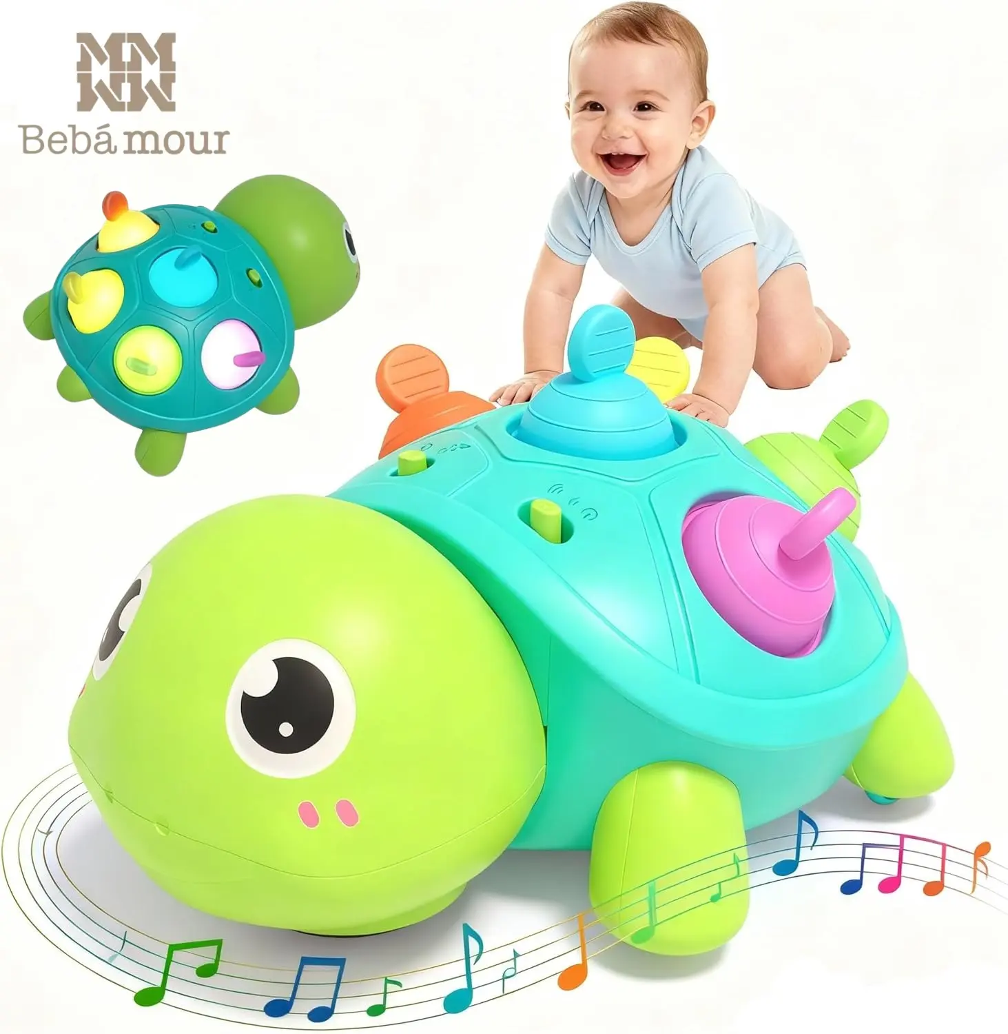 BEBAMOUR Baby Crawling Turtle Toy, Musical Light-Up Toy with White Noise and Teether-Friendly Design for Nighttime Soothing, Unisex, Bedtime, Abs, Universal Wheels, Sensory Activities, Rolling Toy