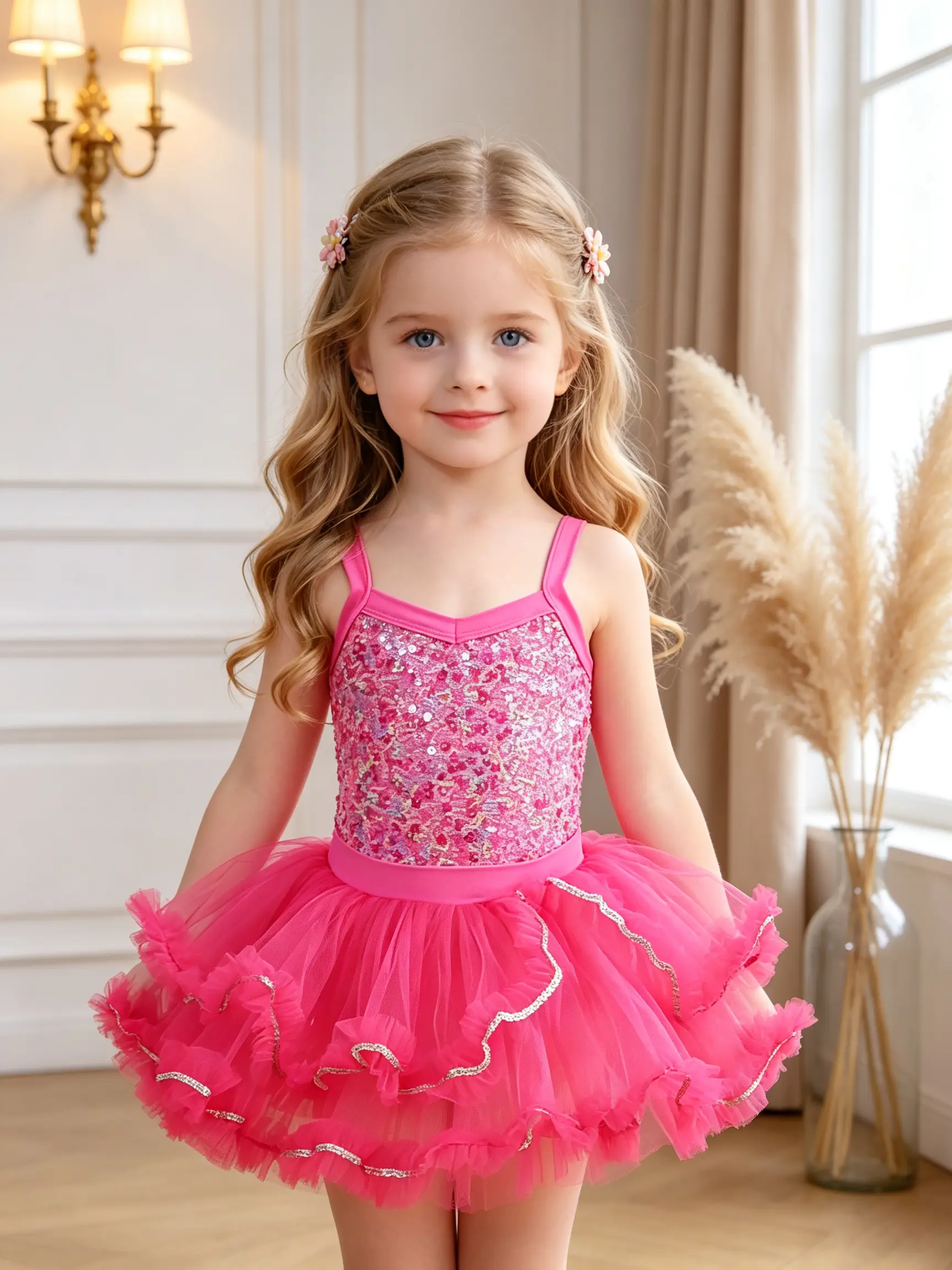 Girls Sequin Camisole Ballet Tutu Dress, Ruffled Silver Trim Tulle Skirt, Little Girl Ballerina Costume for Stage Performance Birthday Party princess