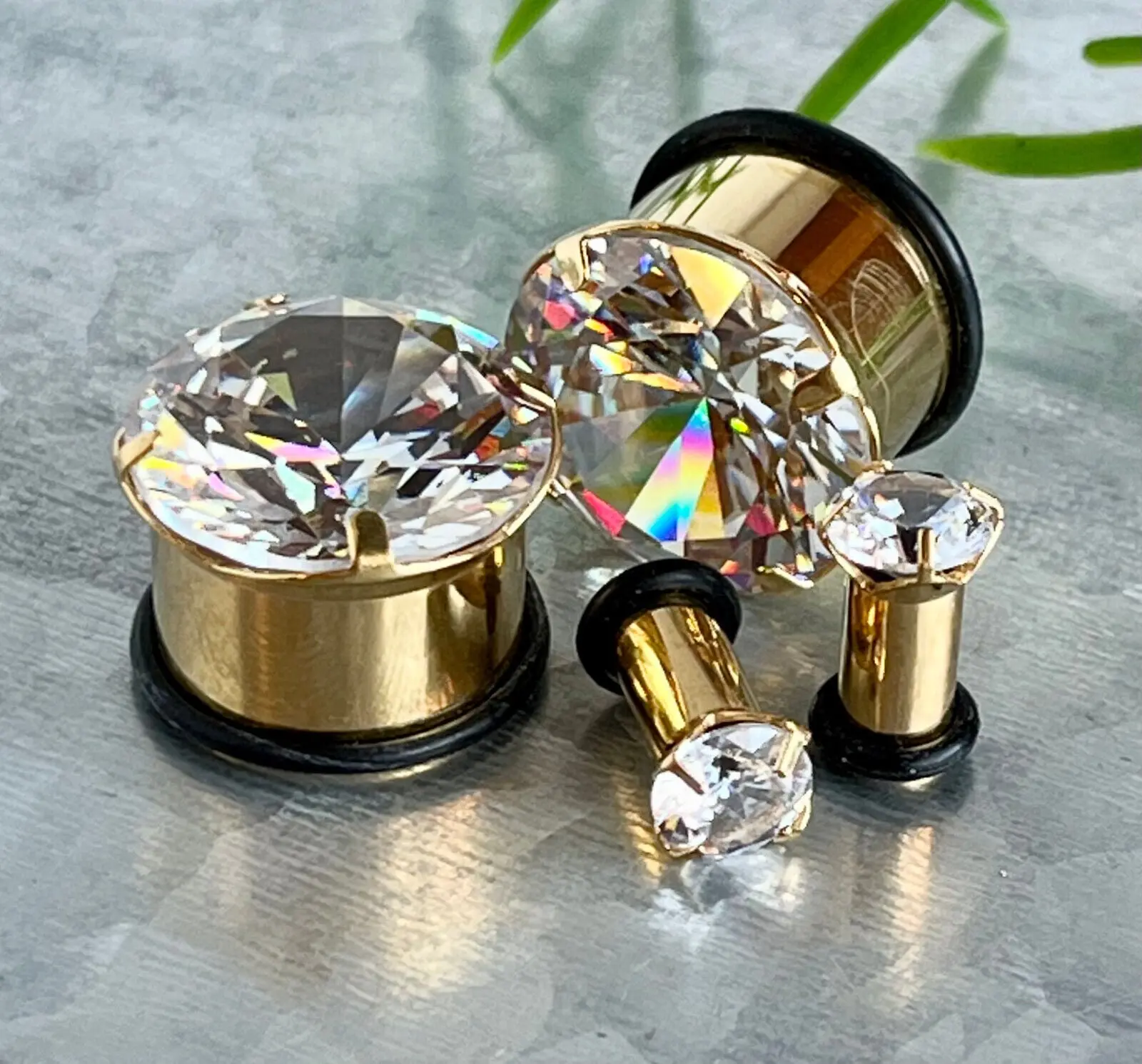 PAIR Gold PVD Steel Single Flare Tunnels Prong Set CZ Gem Plugs Earlets Gauges - Only 12mm Left In Stock!