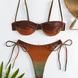 [Oder 10- 12days] [Oder 10- 12days] Aesthetic Sunset Ombre Bikini Set Sexy Underwire Swimsuit Women Orange Red Gradient Two Piece Bathing Suit Summer Beach Club Luxe Swimwear Tie Side Bikini