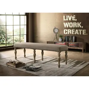Birmingham Microfiber Upholstered Bench with Nailhead Trim – Stylish Driftwood Finish Accent Seating for Living Room, Entryway, Bedroom or Dining Area| Comfortable Modern Farmhouse Bench, Elegant Solid Wood Frame, Multi-Use Home Furniture
