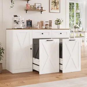 HOSTACK 12.5 Gallon Kitchen Trash Cabinet, 47" Double Trash Can Cabinet, Large Pull Out Can Storage Drawers, Wood Farmhouse Hidden Garbage Storage Buffet for Kitchen, Trash can not included