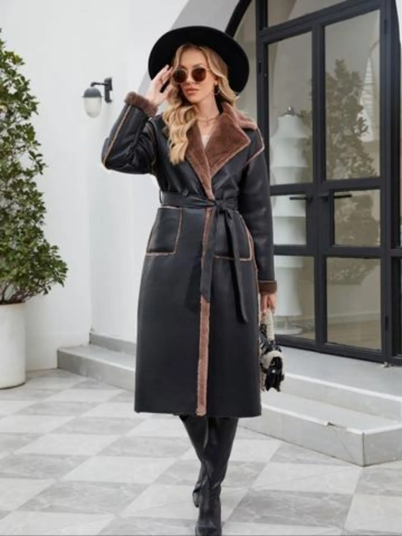 Women's Solid Belted Drop Shoulder Faux Fur Fuzzy Fitted Jacket, Casual Fashionable Stylish Outerwear, Casual Long Sleeve Collared Lapel Neckline Coats Outerwear for Fall & Winter, Ladies Clothes for Daily Wear, Womenswear