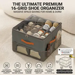 Shoe Organizer for Closet Grey Fabric Box with Clear Cover 4343-16 Grids Fits 8 Pairs Foldable Storage Bins for Boots Heels Sneakers 43cm x 43cm x 31cm Wall-Mounted Multilayer Hat Shower Shelf Set Stackable Magnetic