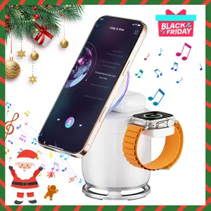 VAISEKE 3 in 1 Charging Station,Magnetic Wireless Charger with Light & Bluetooth Speaker for Apple MagSafe Charger Stand,Foldable Nightstand Charging Station for iPhone,Airpods,Watch