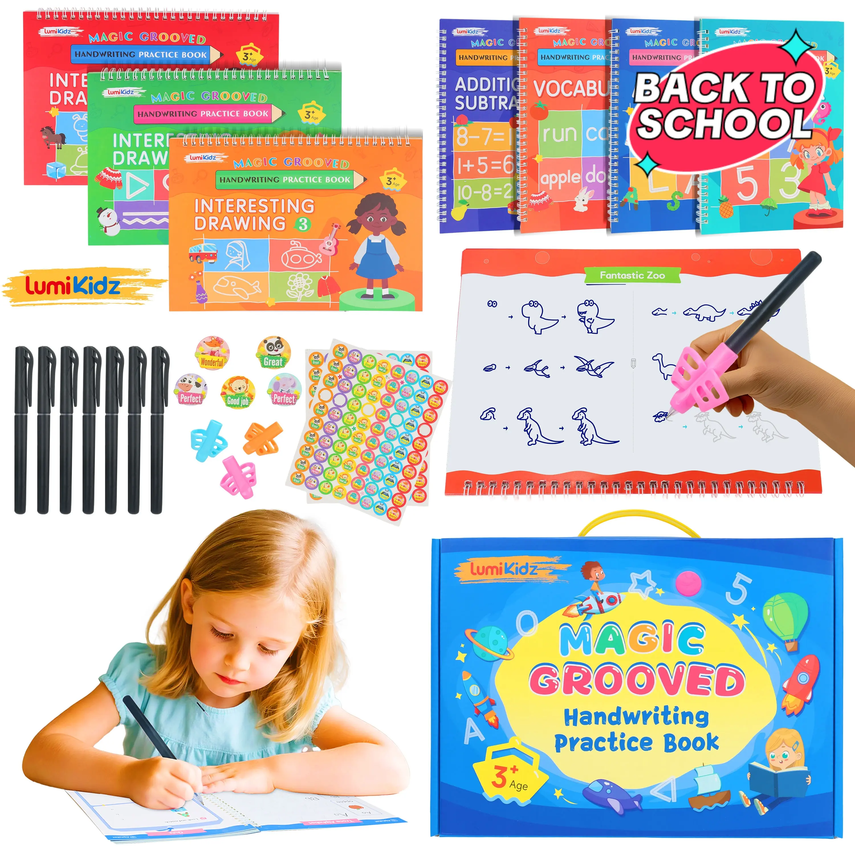 [SohoChic] Lumikidz Spanish-English Magic Groove Calligraphy Practice Book Set,Preschool Worksheets Ages 3-5, Alphabet Letter Tracing & Number Writing Practice, Back to School Learning Activities Learning Materials Stationery Set