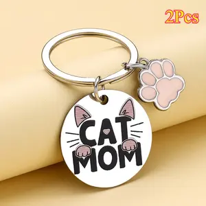 2Pcs Stainless Steel Cat Mom Keychain - Round Alphabet Cartoon Themed Ladies Key Ring with Ring Buckle, Ideal for Mother's Day & Holiday Gifts