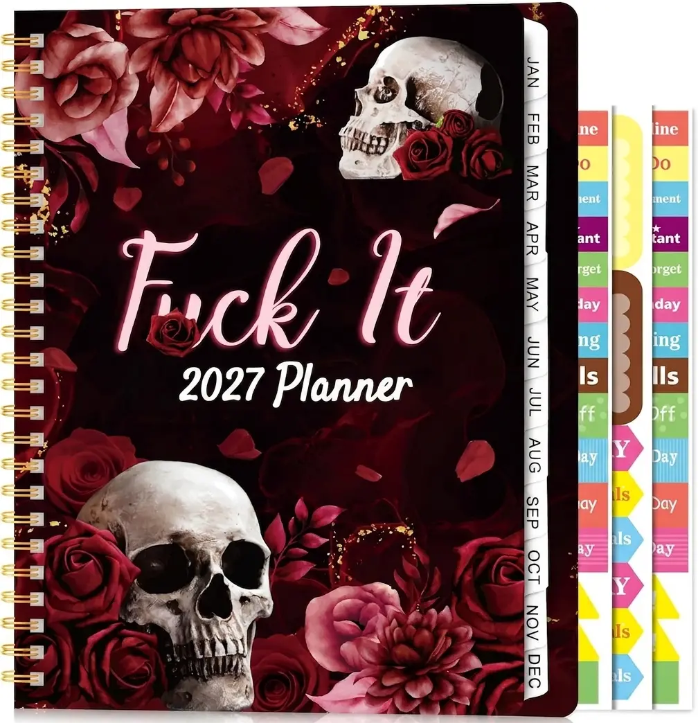 Gothic Writing Style Spiral Bound Planner - A5 Hardcover, 2027 Jan-Dec Weekly/Monthly Layouts, Office Stationery with Index Labels, Stickers, Back Pocket, Unique Fun Skull Pattern, Christmas Gift Option