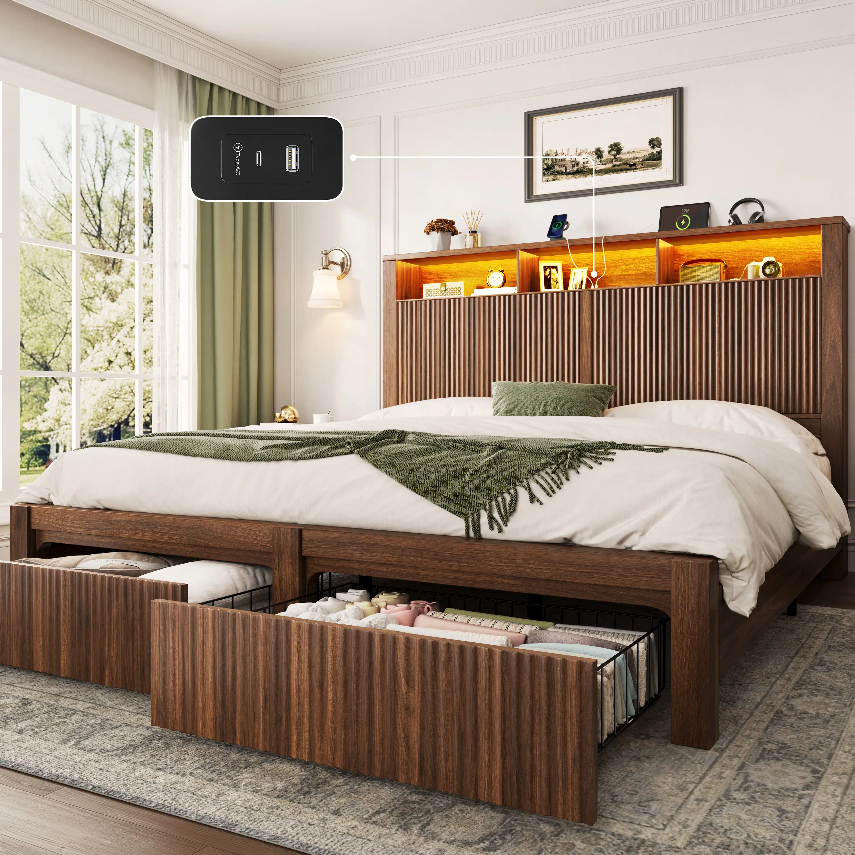 Multi-Size Bed Frame with Cushioned Storage Headboard, Built-in USB Ports, Lights, Noise-Free Stabilized Support, No Box Spring Needed, Easy Assembly, Ideal for Modern Bedrooms (Gift Option)