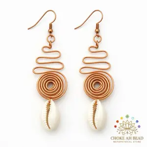 Choke Ah Bead Spiral Of Life Earrings with Copper Wire and Cowrie Shell Accents for Unique Fashion