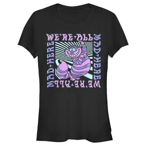 Junior's Alice in Wonderland Cheshire Cat We're All Mad Here Colorful T-Shirt