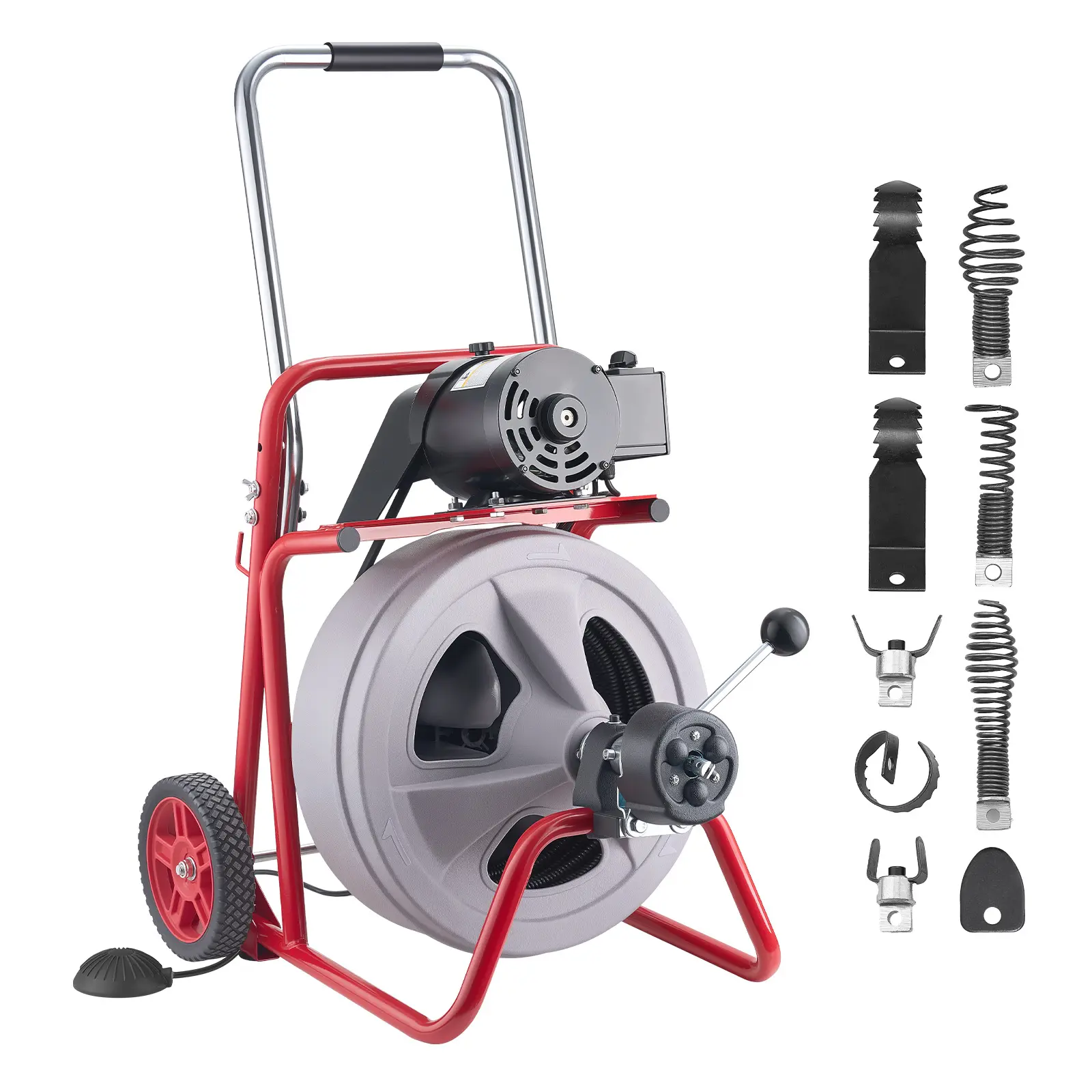 【summerfinds】VEVOR Drain Cleaner Machine 100 FT x 1/2 Inch, Auto Feed Sewer Snake Drain Auger on Wheels, Portable Drain Cleaning Machine with 8 Cutters & Air-Activated Foot Switch for 2" to 6" Pipes