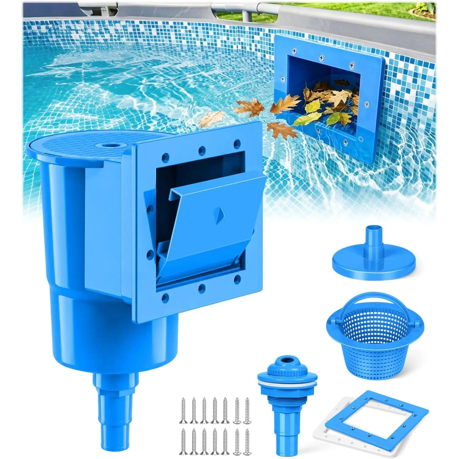 Standard Pool Wall Skimmer for Above Ground Pools, Heavy Duty ABS Through Wall Pool Skimmers with Return Jet & Vacuum Plate, Thru-wall Skimmer Kit Compatible with 6'' Openings-Dark Blue
