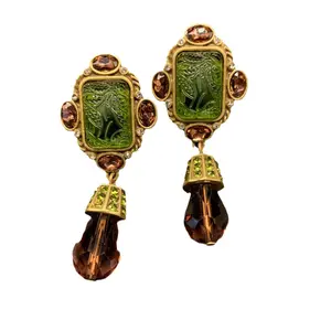 Vintage Intaglio Green & Amber Crystal Drop Earrings, Gold Tone