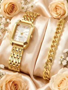 New Arrival Light Luxury Women's Steel Strap Analog Watch – Fashionable Minimalist Square Quartz Watch Set for Female Students, Fashionable Wristwatch