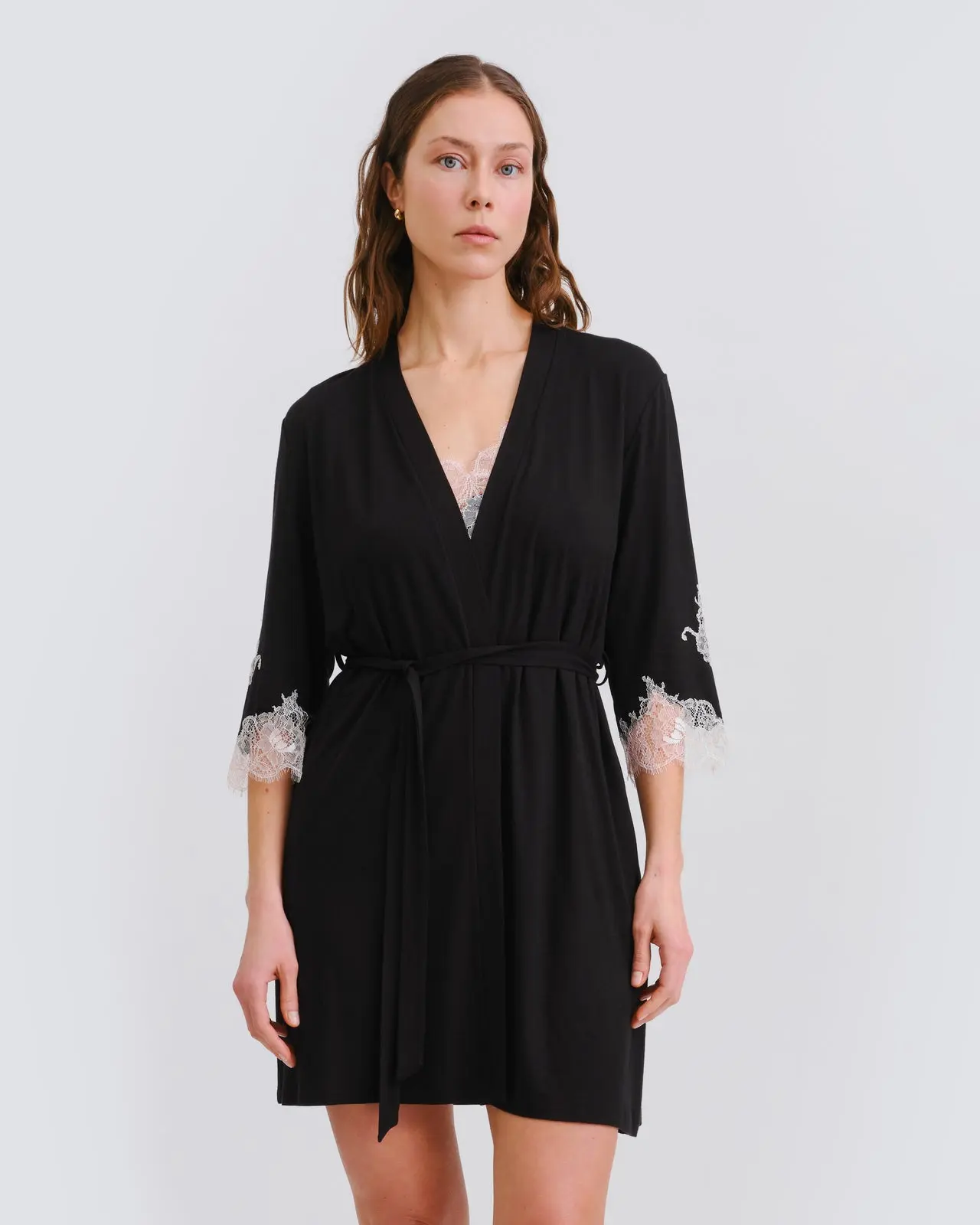 Women's Elegant Black Bamboo Robe, V-Neck Wrap Loungewear for Everyday Comfort with 3/4 Sleeves and Self-Tie Belt, Elastane, Deep V, Straight Cut, Relaxed Fit, Loose-Fitting, Detachable Belt