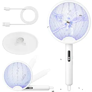 Electric Fly Swatter Foldable Bug Zapper Racket 2 in 1 Mosquito Killer with Purple Attractant Light Rechargeable 1800mAh for Indoor Home Backyard Patio Camping, White, XH-43B