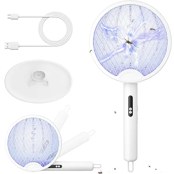 Electric Fly Swatter Foldable Bug Zapper Racket 2 in 1 Mosquito Killer with Purple Attractant Light Rechargeable 1800mAh for Indoor Home Backyard Patio Camping, White, XH-43B