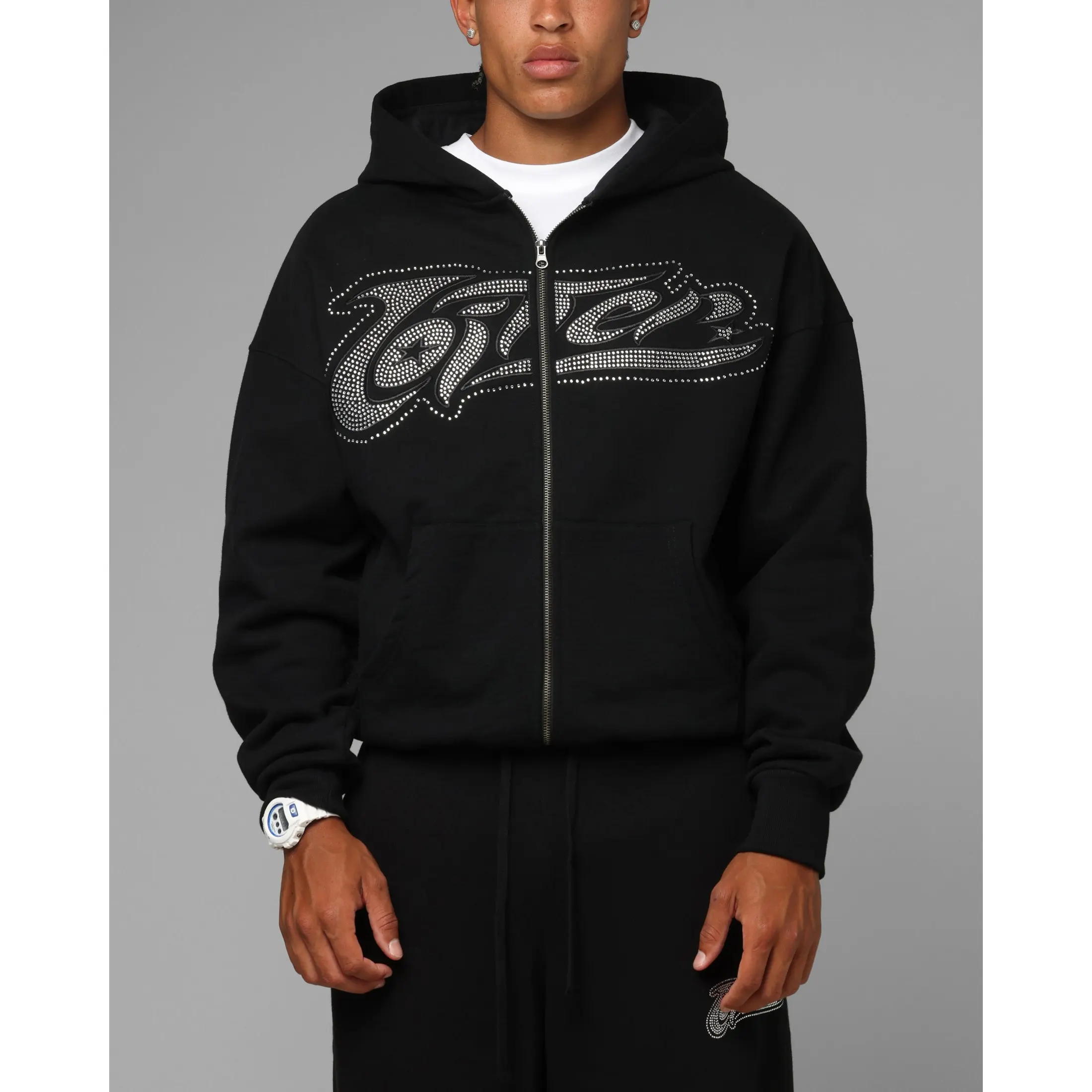 Loiter Silicone Rhinestone Zip Hoodie Black