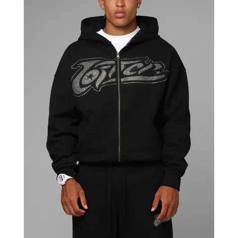 Loiter Silicone Rhinestone Zip Hoodie Black