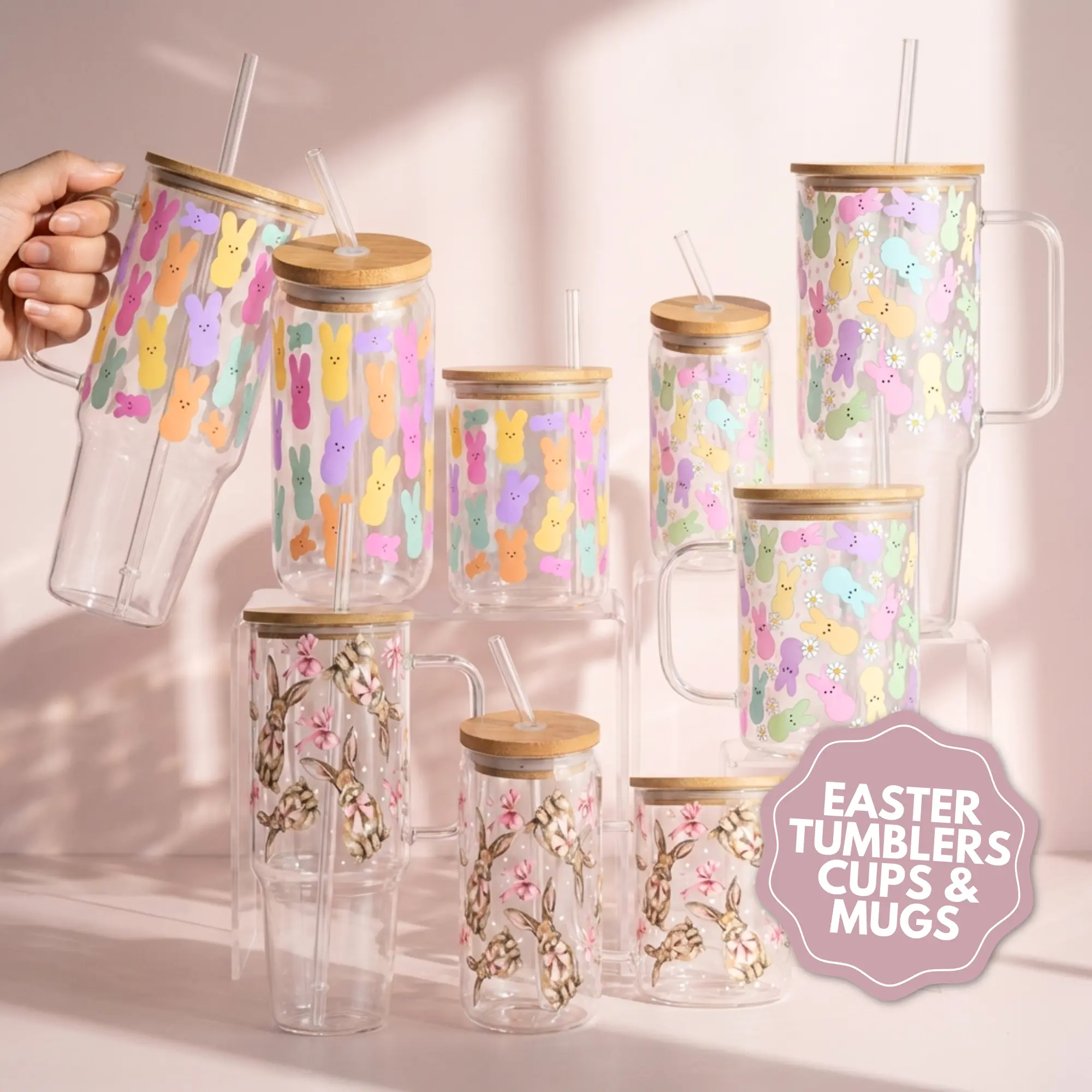 Easter 2025 40oz Glass Tumbler with Lid and Straw, Iced Coffee Drinkware, Gift for Her, Acrylic Tumbler, water bottle for women, easter gift, Wood, Bamboo, Aesthetic