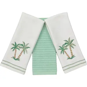 Coastal Kitchen Towels- Set of 3 White 100% Cotton Embroidered Palm Tree Design - 16 x 26 Multipurpose Towels for Everyday Use