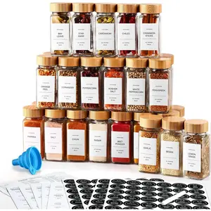 36 Pcs glass spice jars with bamboo lids, clear containers, 4 oz Glass Jars with Spice Labels Stickers, Collapsible Funnel, Seasoning Storage Bottles for Spice Rack, Cabinet, Drawer Kitchen Set