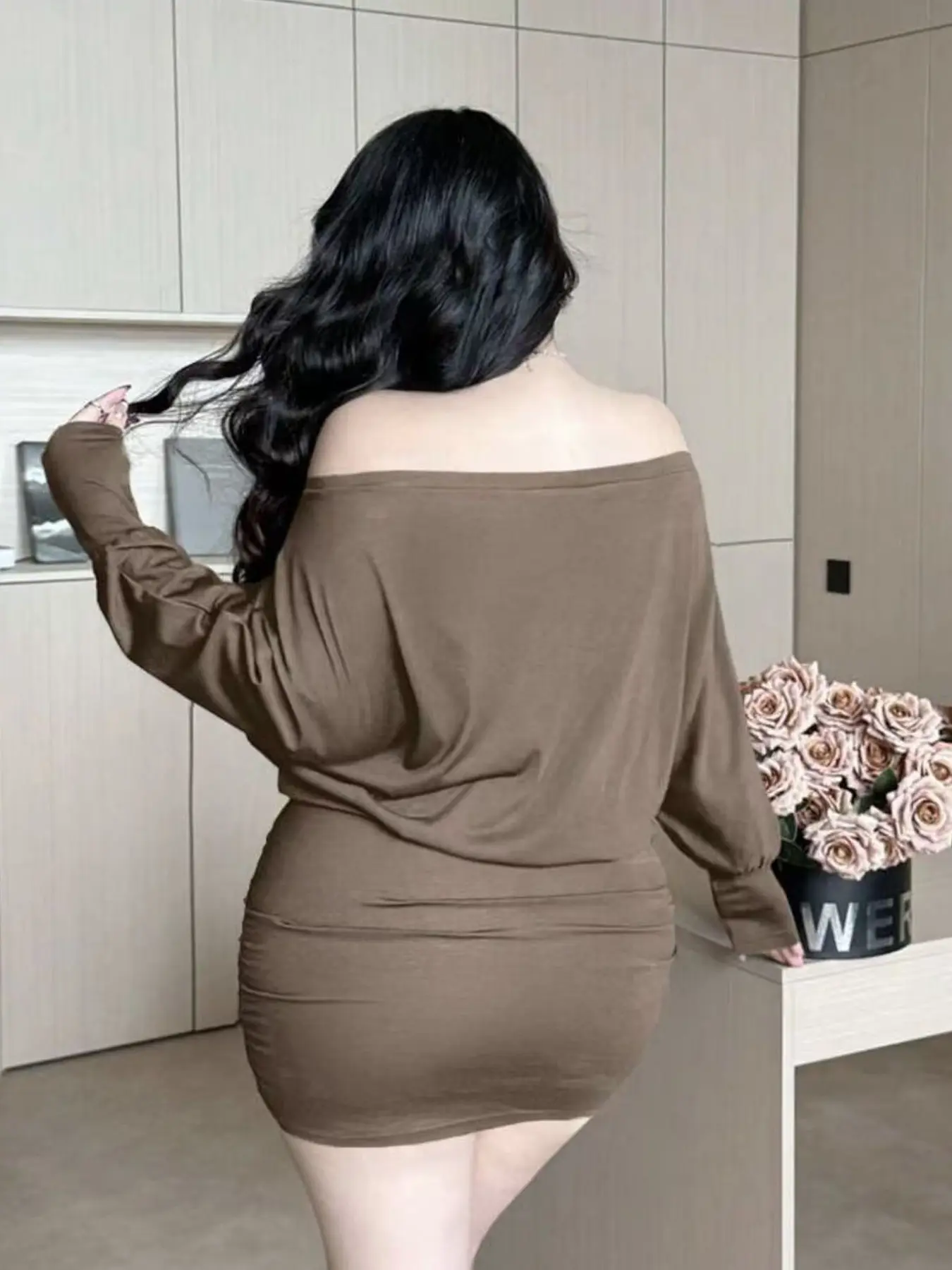 sachin and babi light blue dress Shein Plus Size Crew Neck Open Shoulder Short Sleeve Simple Casual Short Dress,1XL main image 0