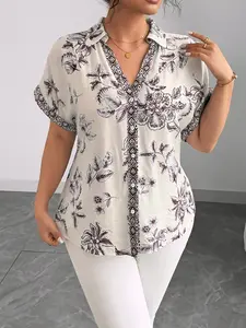 Women's Floral Print Button Front Loose Fit Batwing Sleeve Shirt Blouse, Casual Daily Wear Commuter Top, Spring Summer Fashion