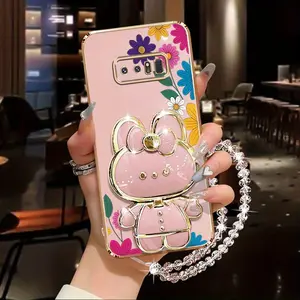 Note 8 Shockproof PC Pearl Strap Lanyard Phone Holder Case For Compatible With Samsung Galaxy Note 8 Flower Pattern and Rabbit Stand Stand Cover