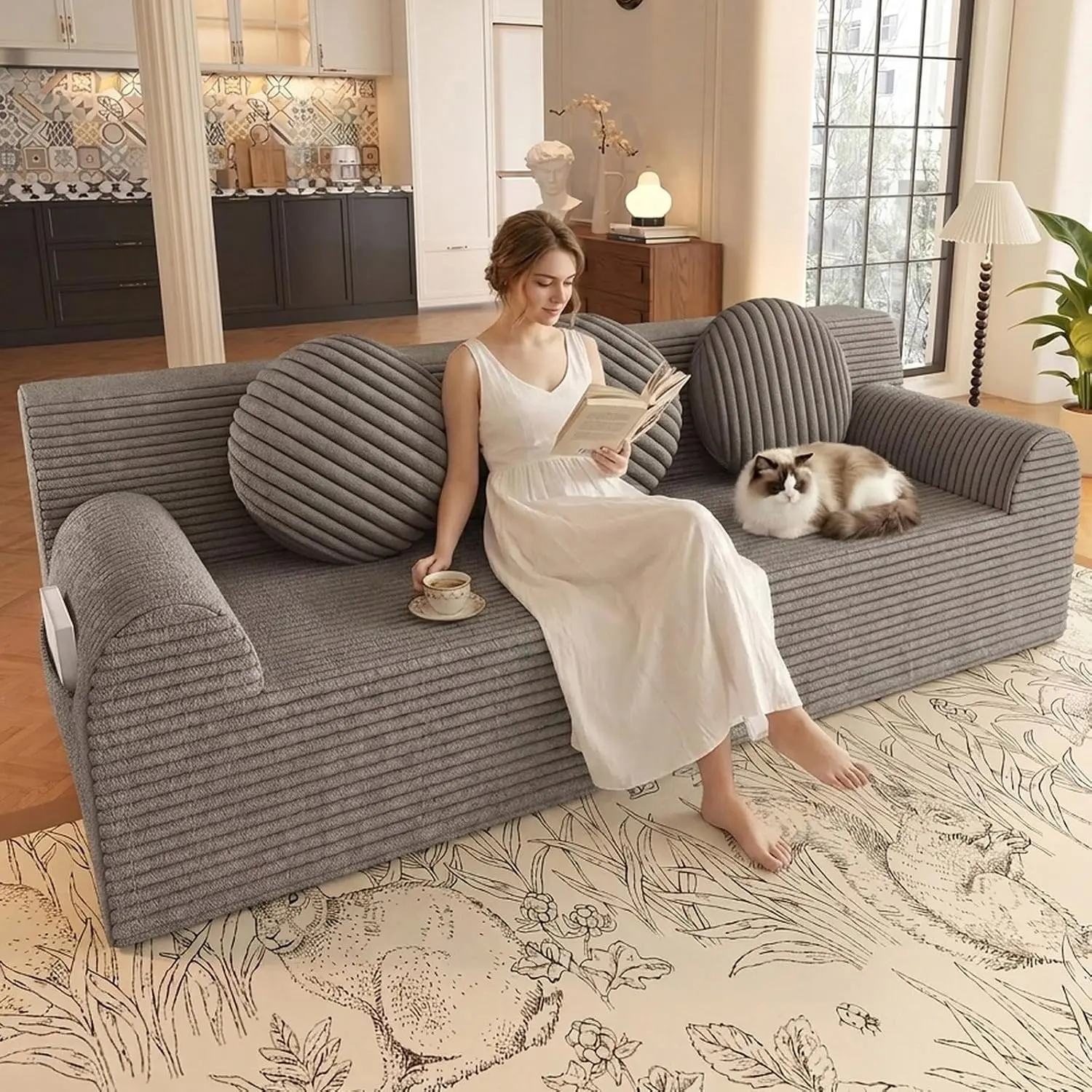 71"Sofa Couches for Small Spaces, Memory Foam Cloud Loveseat Corduroy Couch in a Box, Compressed Boneless Sofa for Living Room Bedroom, Apartment, No Assembly Required(Camel, Round Armrest)