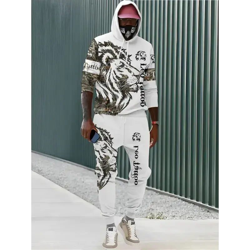 Polyester Hooded Tracksuit Set for Men - Casual Geometric Lion Print, 3D Digital Print Sweatshirt and Pants with Drawstring, Slight Stretch Fabric, Perfect for Spring/Fall Casual Wear Polyester Hooded Tracksuit Set for Men - Casual Geometric Lion Print, 3D Digital Print Sweatshirt and Pants with Drawstring, Slight Stretch Fabric, Perfect for Spring/Fall Casual Wear