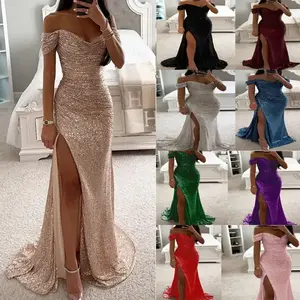 Cross-Border 2025 New European and American Style Party Sequin Off-Shoulder Slit Dress Casual Fashion Dress for Women