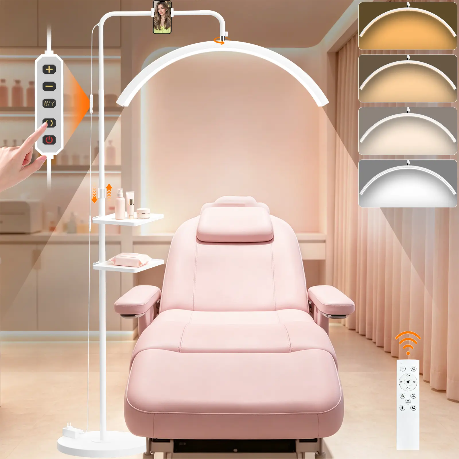 YOUNG MASTER 24W Shadowless White Half-Moon LED Floor Lash Lamp Kit Set, 1500LM, Adjustable Height, 4 Color Modes, Dimmable, Phone Holder, 2 Storage Trays, 24W Power Soothing Lighting Accessories for Eyelash Extensions, Estheticians’ Salon Use