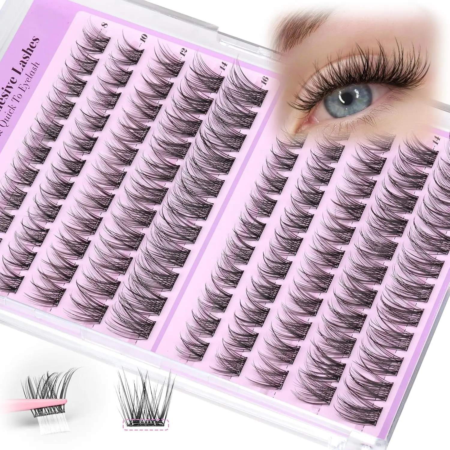 Self-Adhesive False Lashes, Fine Fiber Clusters, No Glue Needed, DIY Lash Extensions, 8-16mm Pre-Stuck, Natural C-Curl, Single Strand, Beginner Friendly