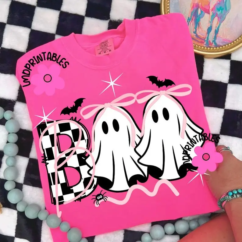 Comfort Colors Boo Spooky Coquette Shirt, Cute Faux NOGlitter Ghost Tee, Trendy Halloween Bow Graphic Top, Girly Preppy Fall Apparel for Women