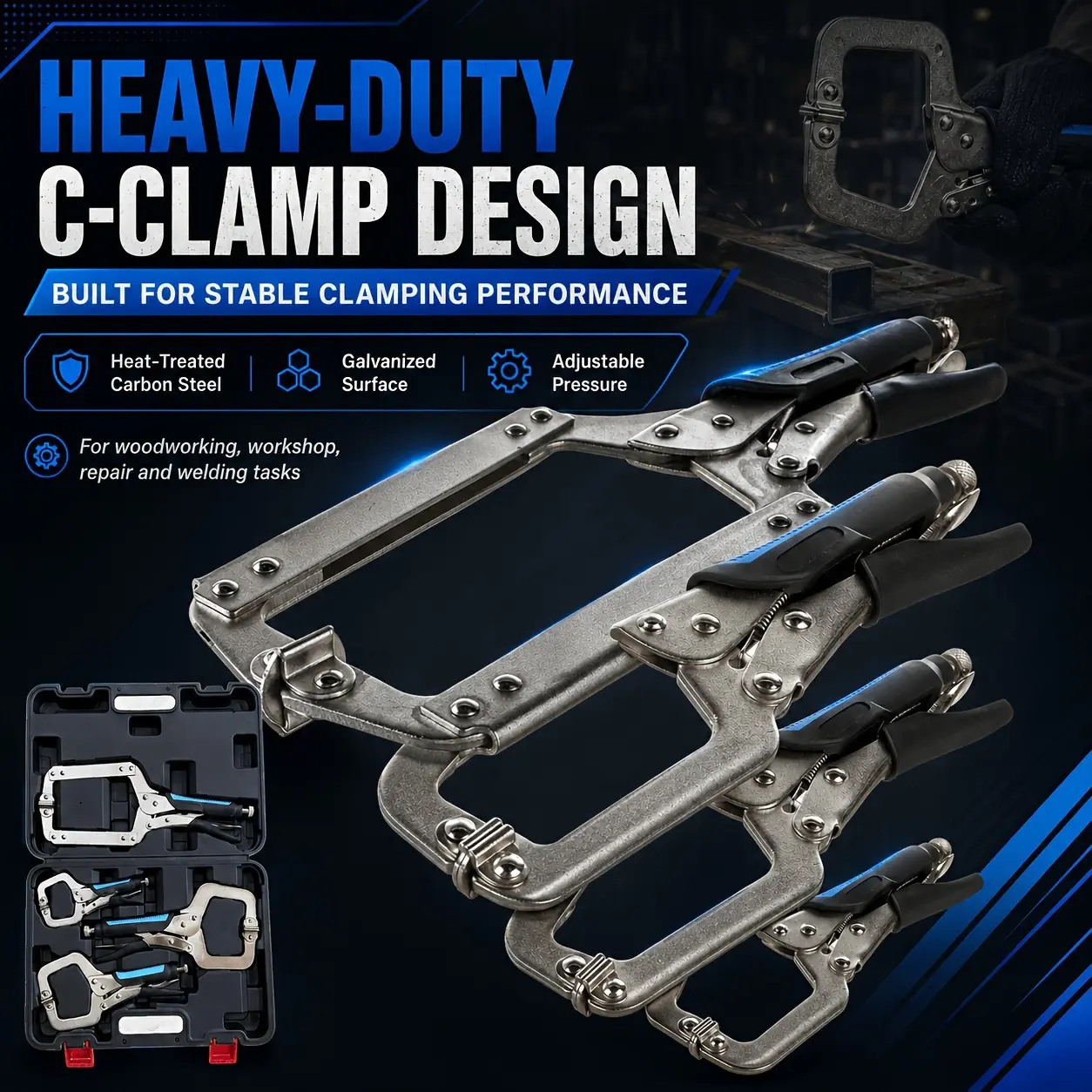 4-Piece Locking Pliers Set, C-Clamp with Plastic Storage Box, Soft grip, Heat-Treated, Heavy Duty, Adjustable, Metal Face Clamps for Woodworking, Welding
