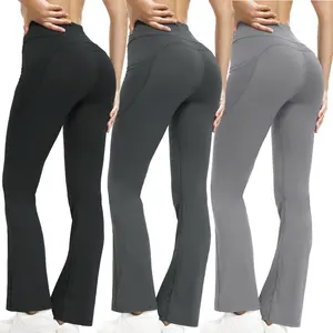 3PCS Women's Slim High Waist Pocket Flare Leg Pants Leggings, Groove Outfits, Casual Comfy High Stretch Seamless Bell Bottom Yoga Workout Gym Sports Trousers Activewear