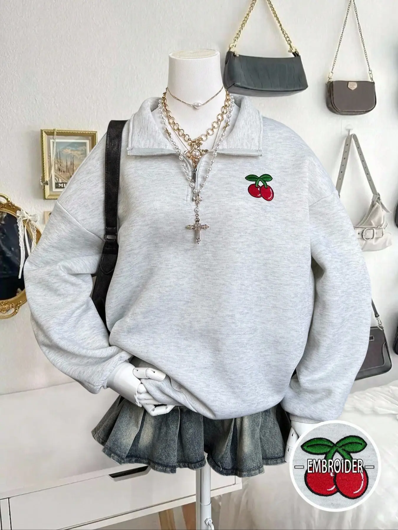 Women's Light Half Button Cardigan Knit Sweatshirt, Fall Winter Loose Fit H-Type Cherry Print Cute Style Casual Outerwear Knitwear