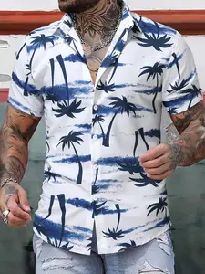 Casual Hawaiian Palm Tree Print Short Sleeve Shirt, Breathable Menswear, White & Blue Button Down Camp Collar Top, Lightweight Breathable Summer Shirt for Daily, Beach & Tropical Vacation Outings #MensCasualShirt #TropicalPrintFashion #VacationEssentials