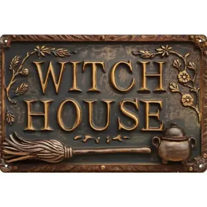 Vintage Witch House Metal Sign, Fun Retro Wall Decor for Garage Porch Cafe Bar Garden, Spooky Halloween Gift Idea, Unique Home Decoration