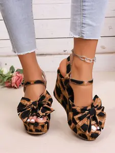 Women's Leopard Print Bow Platform Wedge Chunky Heel High Heels Sandals, Comfortable Open Toe Summer Shoes for Beach Vacation Daily Wear