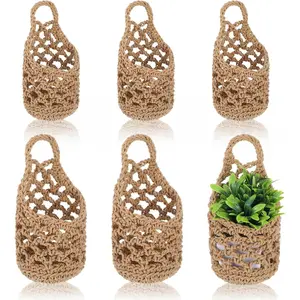 6 Pcs Macrame Hanging Planter Set - 3 Small (5.3"x9") & 3 Mini (4.3"x7.9") Boho Wall Mounted Cotton Baskets for Indoor Plants, Linen Color, Plants & Pots Not Included