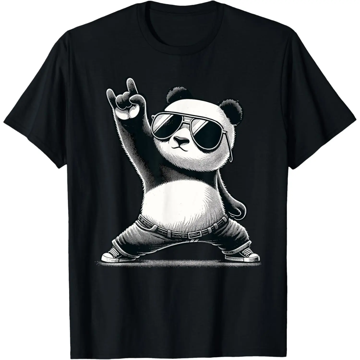 Men's Retro Panda Print Cotton Knit Short-Sleeve Sporty Sports Top - Round Neck Tshirt, Casual Wear, Funny Graphic Rock Music Gift, Sporty Sports Tops